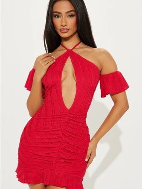 💲 NWT Red Off-Shoulder Plunge Ruffle Mini Dress